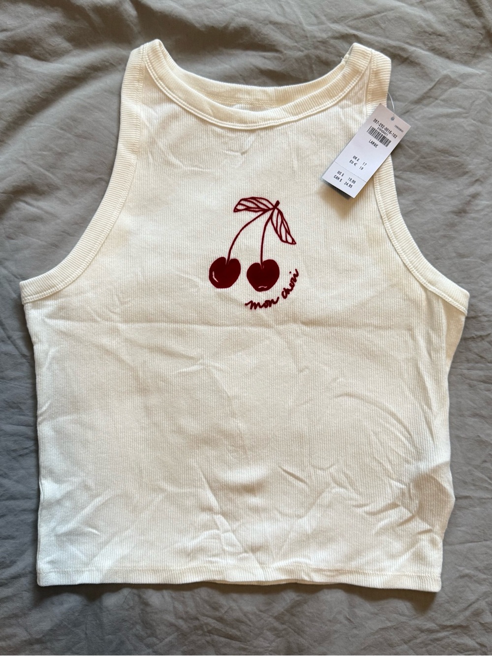 Hollister Cream Ribbed Tank Top with Red Cherry Graphic